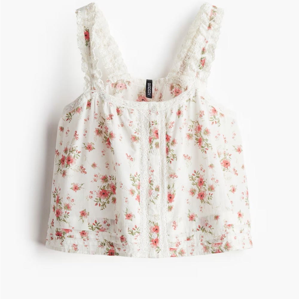 H&M Floral Lace Trim Top - White and Pink